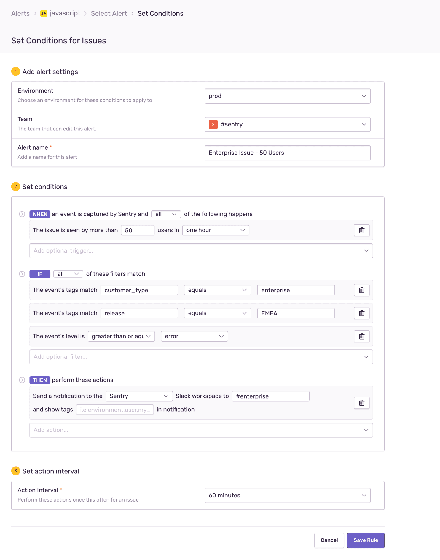 Issue alert configuration for the example rule.